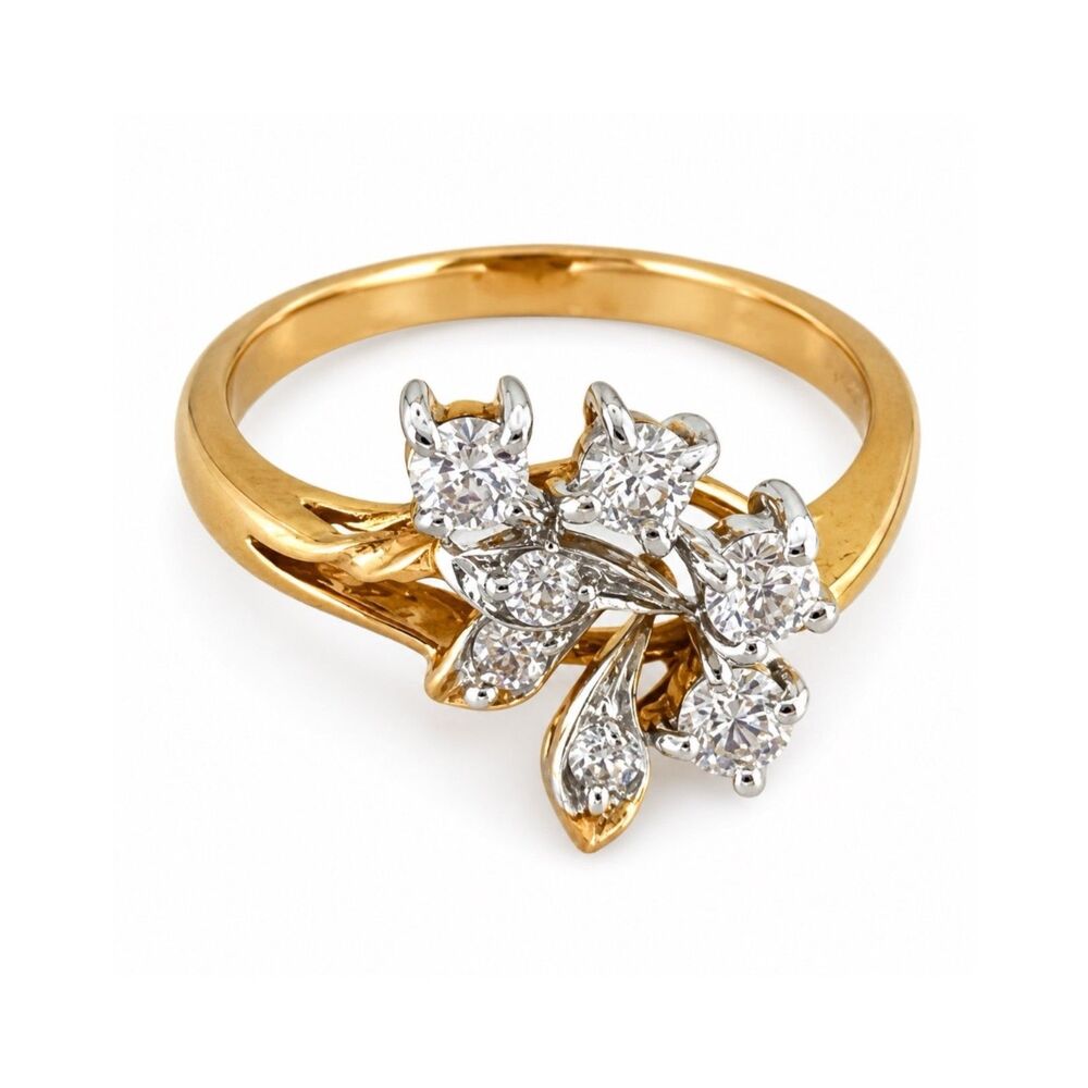 Vintage 1970s Ring Size 7 CZ Cluster Spray Gold Plated Band - 14U